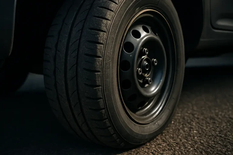Macro photo of a single used car tire mounted on a car rim, showing detailed worn tread and rubber texture on a coarse asphalt surface