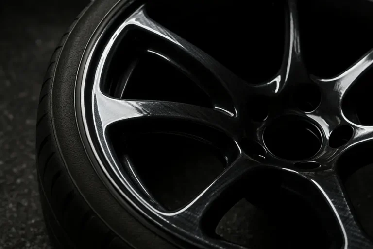 Close-up photo of a single car rim with a thin protective and decorative wrap applied, showing glossy surface and detailed texture, mounted on a tire against a neutral asphalt or studio background.