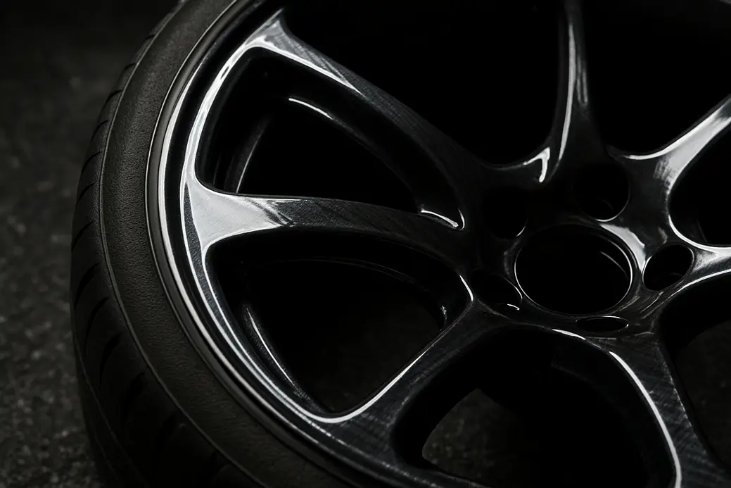 Close-up photo of a single car rim with a thin protective and decorative wrap applied, showing glossy surface and detailed texture, mounted on a tire against a neutral asphalt or studio background.