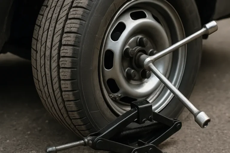 Close-up photo of a single car tire mounted on a vehicle with visible treads and textured rubber, showing a car jack and lug wrench positioned for changing the tire, set against an asphalt or workshop floor background.