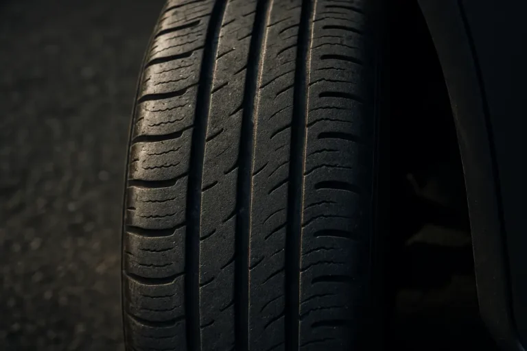Close-up macro photograph of a single car tire mounted on a vehicle showing detailed tread pattern and rubber texture wear against a coarse asphalt background