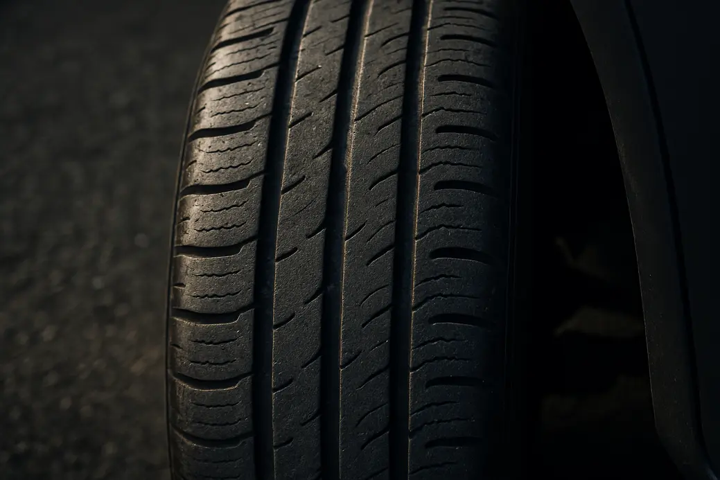 Close-up macro photograph of a single car tire mounted on a vehicle showing detailed tread pattern and rubber texture wear against a coarse asphalt background