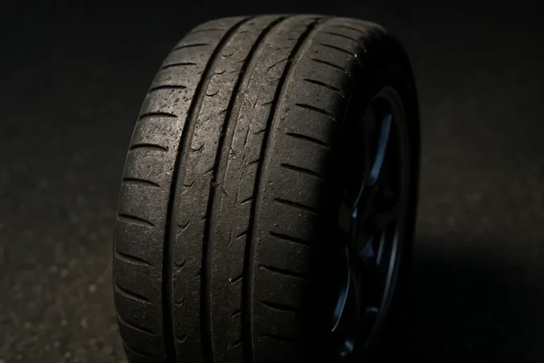 Close-up photo of a single car tire mounted on a car, showing worn tread grooves and rubber texture on a coarse asphalt surface
