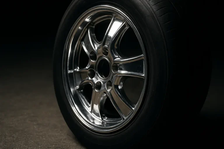 Close-up photo of a single chrome car wheel rim with vulcanized rubber tire, reflecting light on a coarse asphalt or neutral studio background, highlighting the shiny and delicate chrome surface
