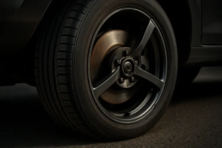 Close-up photo of a single rear car wheel mounted on a vehicle, showing detailed brake disc, suspension parts, and tire tread on a coarse asphalt surface