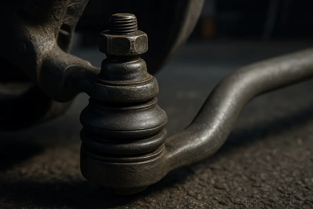 Macro close-up photograph of a car steering mechanism showing a worn steering ball joint and rubber bushings with visible tension and minor wear, mounted on the vehicle with a workshop background.