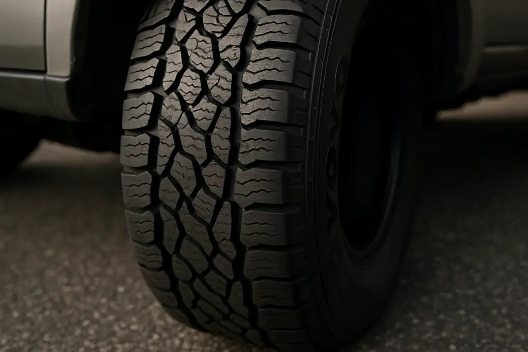 Close-up photo of a single Toyo tire mounted on a vehicle, showing detailed tread pattern, vulcanized rubber texture, part of the vehicle body, and coarse asphalt ground in soft natural light.