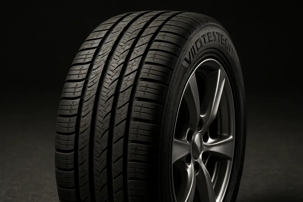 Close-up photograph of a single Vredestein car tire mounted on a vehicle, showing detailed rubber tread pattern and texture against a neutral or asphalt background, highlighting differences in tire type without any text or symbols.