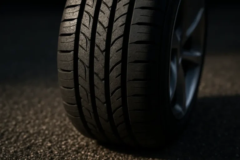 Macro close-up of a single car tire with visible tread and slight deformation on the contact patch against a coarse asphalt background, showing correct tire pressure with sharp focus and natural lighting.