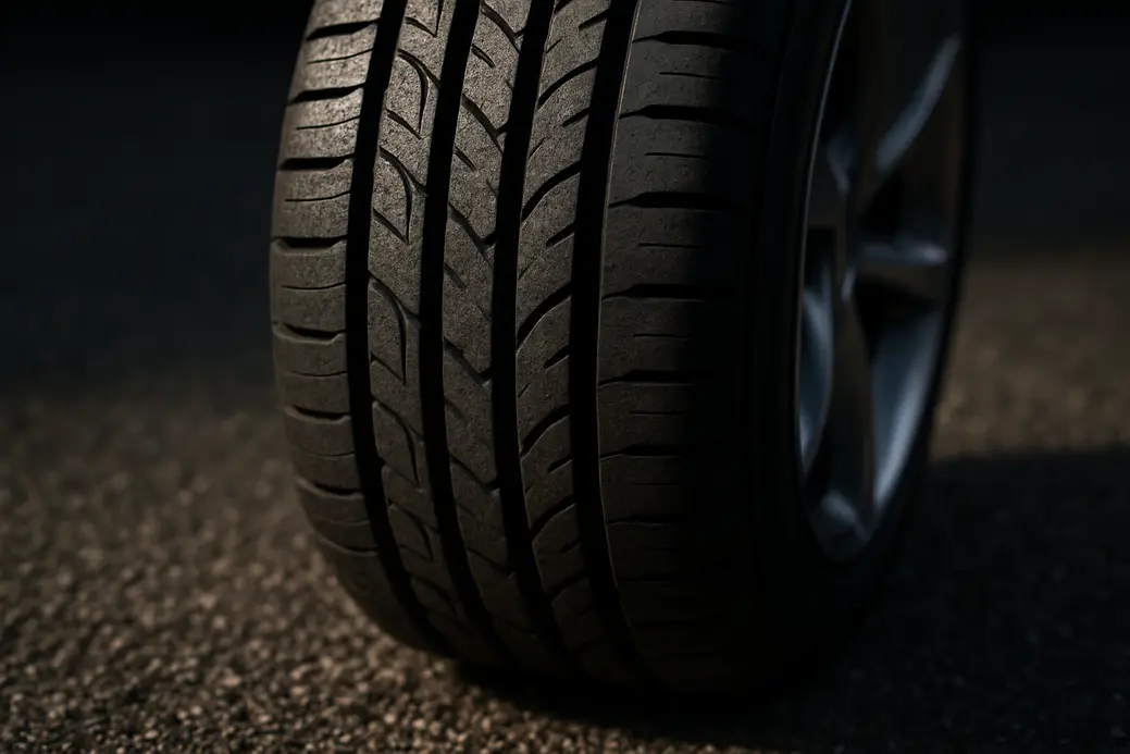 Macro close-up of a single car tire with visible tread and slight deformation on the contact patch against a coarse asphalt background, showing correct tire pressure with sharp focus and natural lighting.