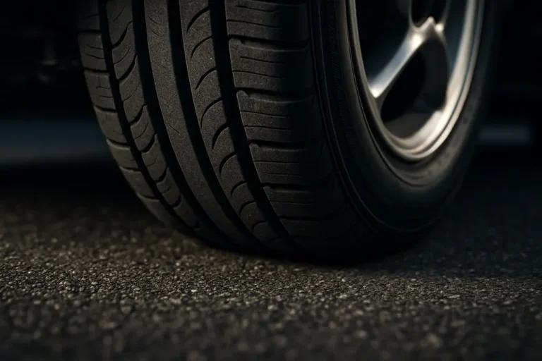 Close-up photorealistic macro image of a single car tire making contact with asphalt, showing tread deformation and partial rim attached to vehicle suspension.