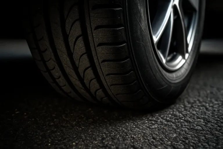 Close-up macro photo of a single mounted car tire showing detailed rubber tread pattern and its contact with coarse asphalt surface, highlighting the texture differences between winter and summer tires
