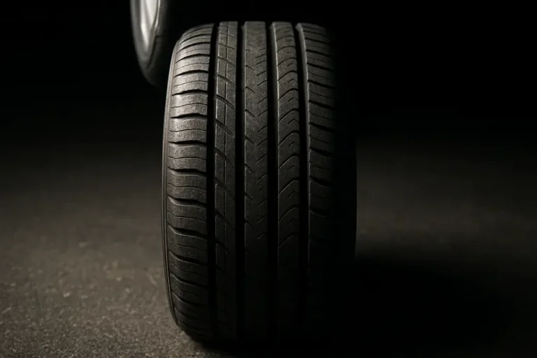 Close-up photograph of a single car tire mounted on a vehicle, showing detailed tread grooves and rubber texture on an asphalt or studio floor background.