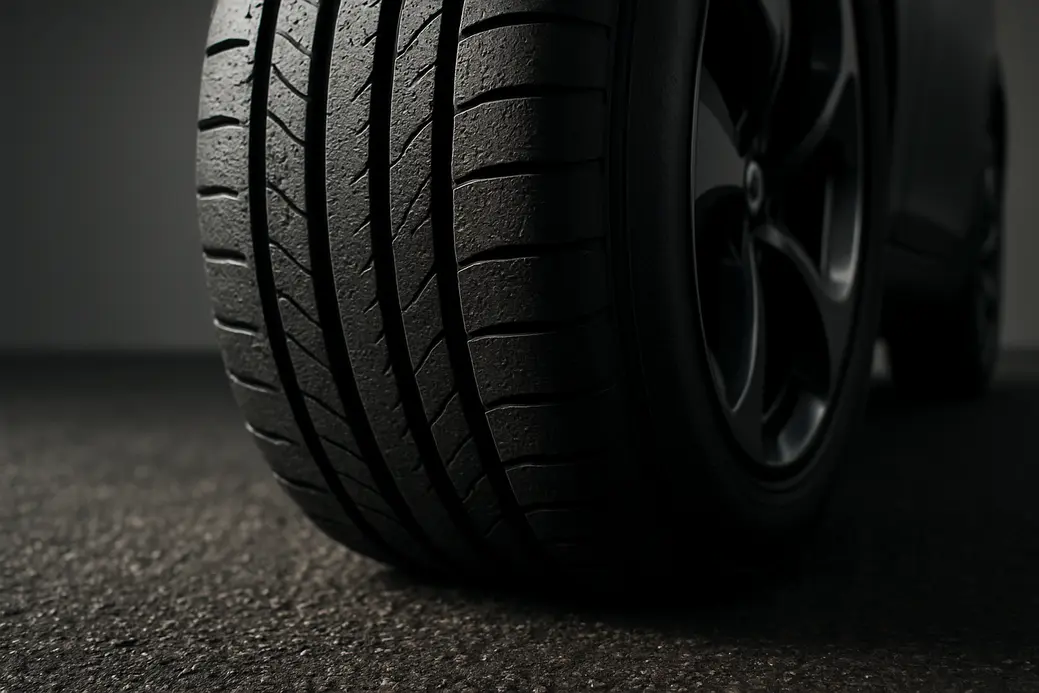 Close-up photo of an electric car tire mounted on a vehicle, showing detailed rubber tread and contact with rough asphalt surface in dramatic side lighting.