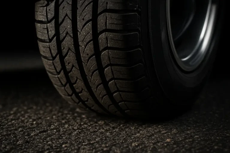 Macro close-up of a car tire mounted on a vehicle, showing detailed rubber tread and its contact with coarse asphalt, illustrating the effect of tire pressure on grip