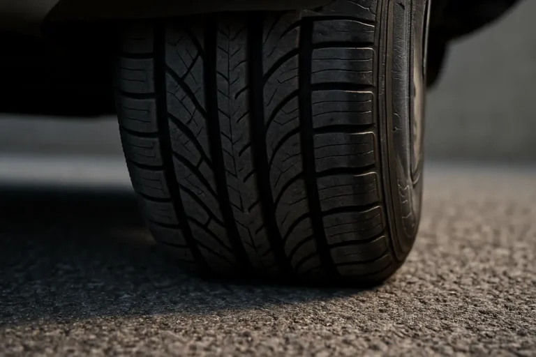 Macro close-up of a single car tire mounted under a vehicle, showing detailed tread pattern and rubber texture in sharp focus as it contacts a realistic asphalt surface.