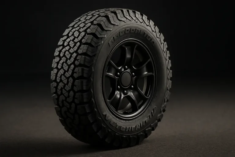 Close-up photo of a single BF Goodrich all terrain tire mounted on a car rim, showing detailed rubber texture and tread pattern in contact with coarse asphalt surface