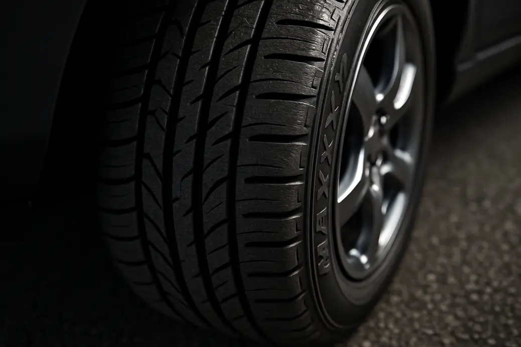 Macro close-up photo of a single Maxxis car tire mounted on a vehicle, showing detailed tread pattern and vulcanized rubber texture with coarse asphalt background