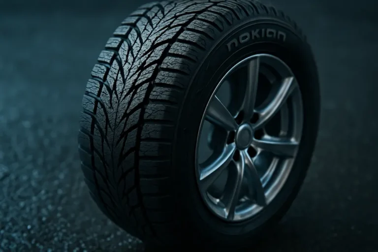 Macro photo of a single Nokian winter tire mounted on a car rim, showing detailed tread pattern on wet asphalt surface under cold and damp conditions