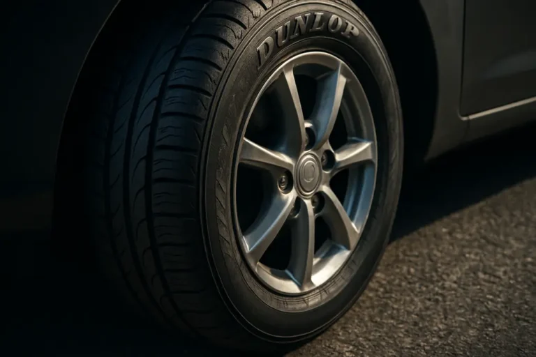 Close-up photorealistic image of a single Dunlop car tire mounted on a car, showing clear tread pattern and rubber texture on asphalt background with part of the car body visible