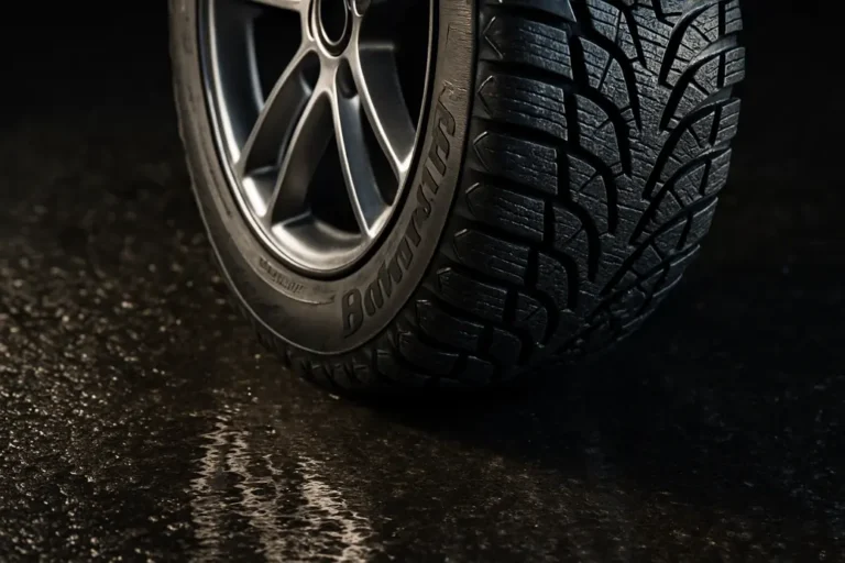 Macrofotografie van een enkele Barum winterband gemonteerd op een autovelg, zijkant en loopvlak zichtbaar met nat asfalt oppervlak, scherpe textuur en profiel van de band duidelijk zichtbaar met weerspiegelingen van natte ondergrond