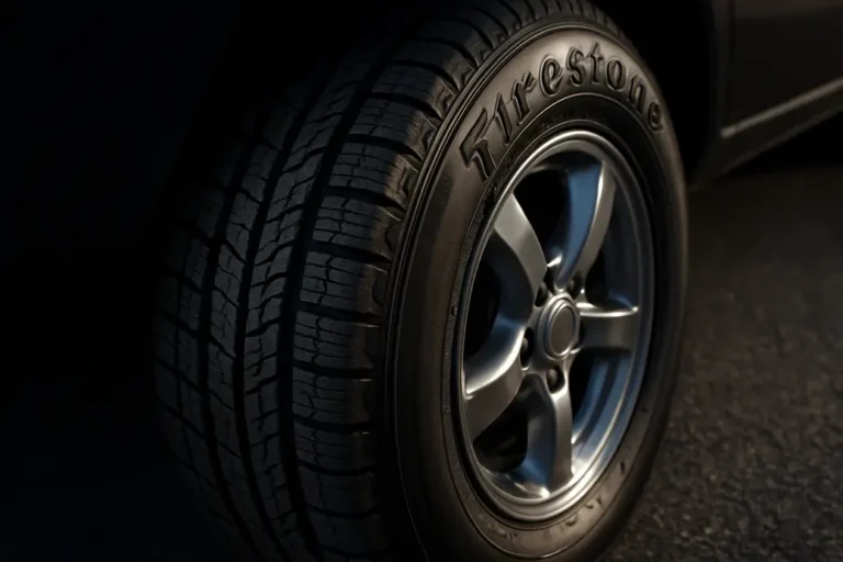 Close-up photo of a single Firestone car tire mounted on a passenger vehicle, showing detailed rubber tread texture and profile against a neutral coarse asphalt background.