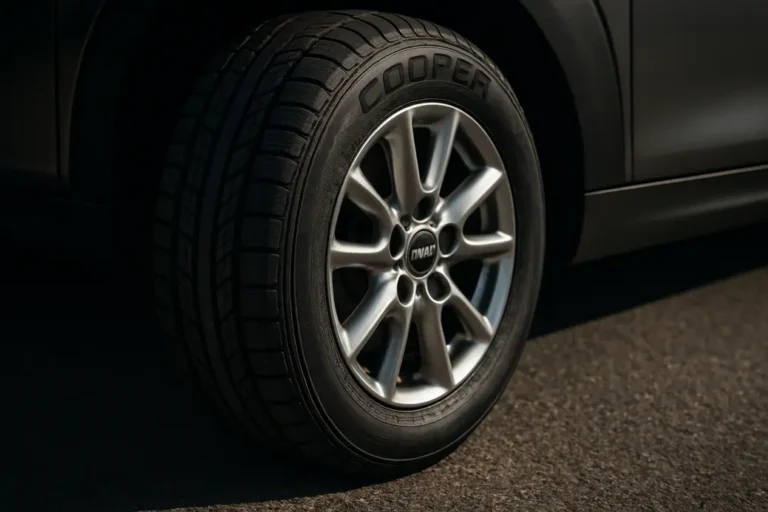 Close-up photo of a single Cooper tire mounted on a Mini Cooper, showing detailed rubber texture and tire tread pattern on a coarse asphalt surface, with part of the car body subtly visible in the background.