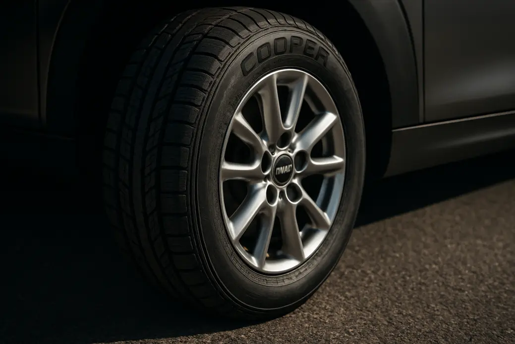 Close-up photo of a single Cooper tire mounted on a Mini Cooper, showing detailed rubber texture and tire tread pattern on a coarse asphalt surface, with part of the car body subtly visible in the background.