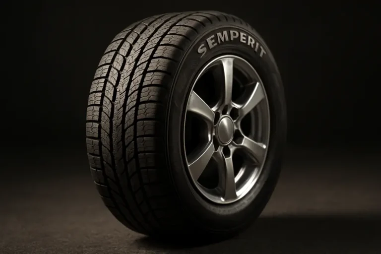 Close-up macro photograph of a single Semperit car tire mounted on a vehicle, showing detailed tread pattern and rubber texture, with an alloy rim and neutral asphalt or studio background