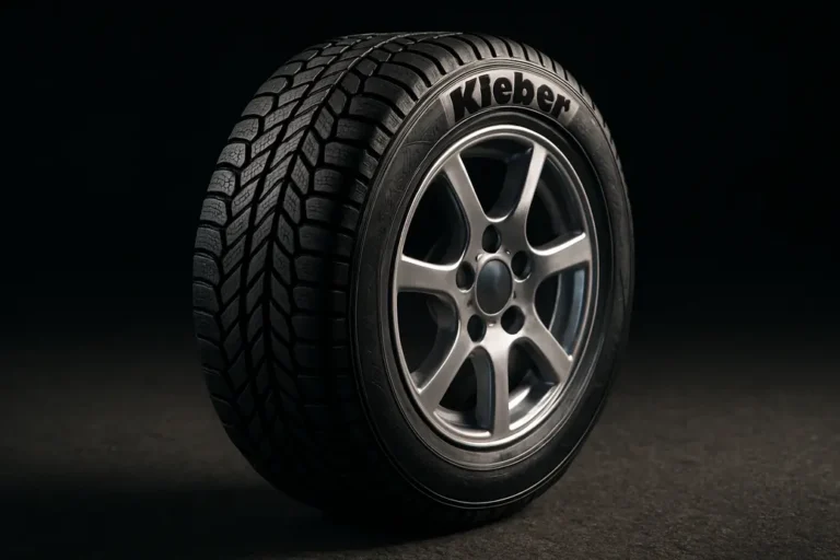 Macro close-up photograph of a single Kleber car tire mounted on a wheel, showing detailed vulcanized rubber texture and tread pattern, set against a coarse asphalt or neutral studio background.